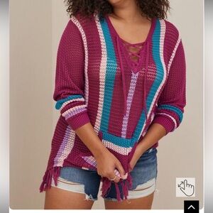 NWOT Torrid Open Stitch Baja Sweater in Purple/Magenta Stripe sz. 2
